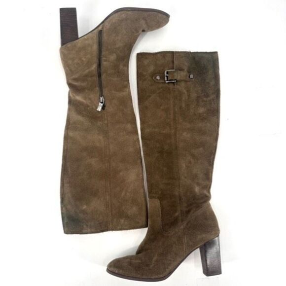 Michael Kors Olive Green Suede Heeled Tall Leather Buckle Boots Size 8 Riding - Picture 2 of 16